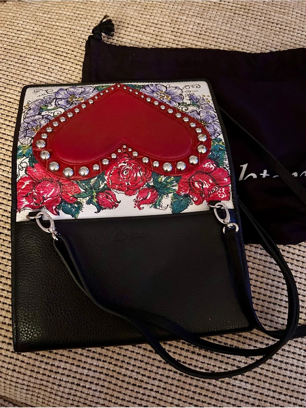 Brighton Red Heart Floral Leather Crossbody Bag